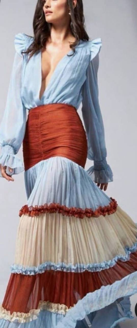 VESTIDO LARGO CELESTE Y LADRILLO